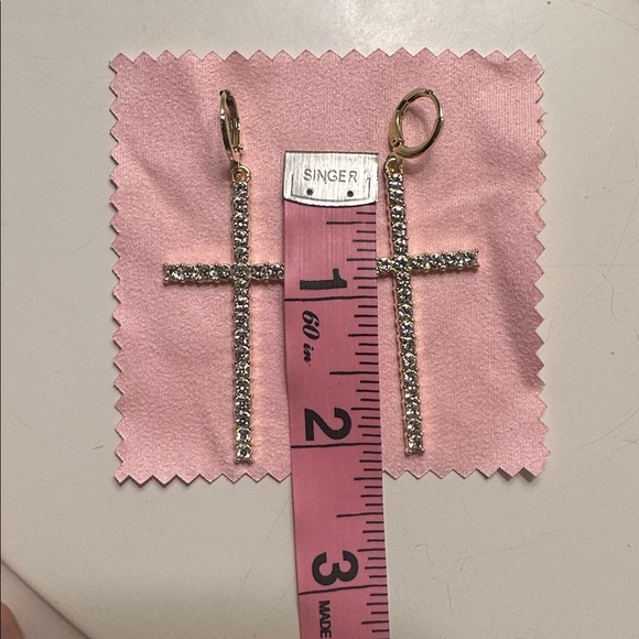 Gold and Rhinestone Cross Earrings - Picture 4 of 16